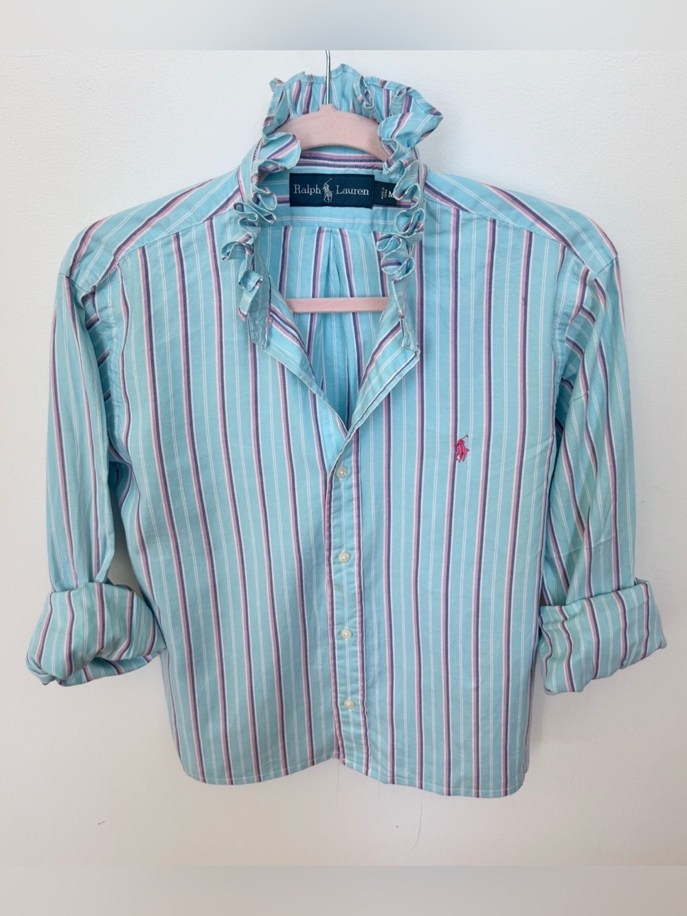 Ralph Lauren Light Blue Striped Ruffle Collar Button-Down Shirt